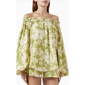 Alemais 'Leisa' Green Floral Off The Shoulder Organic Cotton Blouse Size 2